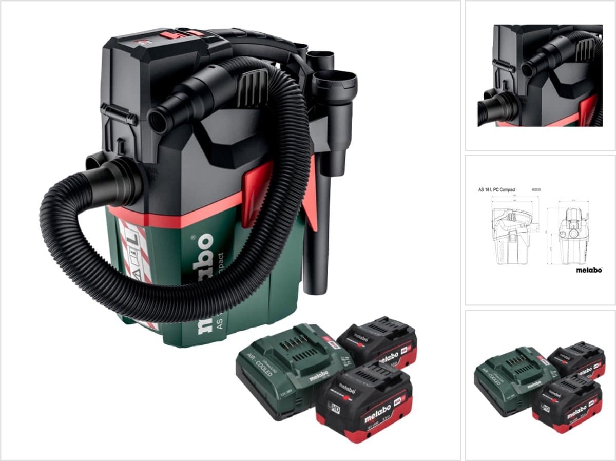 Metabo AS 18 L PC Compact accustofzuiger 18 V 6 l IPX4 stofklasse L nat en droog + 2x accu 5,5 Ah + oplader — afbeelding 1