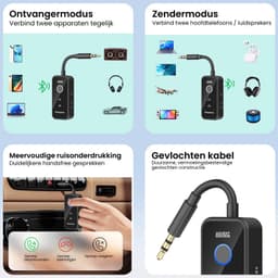 AdroitGoods Bluetooth 6.0 Zender en Ontvanger - 2-in-1 AUX Adapter 3,5 mm - Vliegtuig, Auto en TV - 18 Uur Accu - USB-C - Twee Koptelefoons - Zwart — thumbnail 2