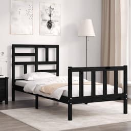 Bedframe 2FT6 Small Single Familiekbed, massief houten bed met hoofdeinde, zwart — thumbnail 1