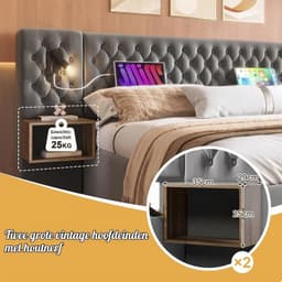 Bedframe 180 x 200 cm, slaapkamer, complete set, hydraulisch gestoffeerd bed met opbergruimte en 2 nachtkastjes, hoofdeinde met led-leeslamp en USB-oplaadfunctie, fluweel, grijs, zonder matras — thumbnail 2