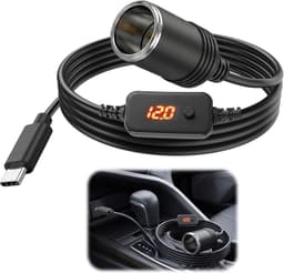 Adapter USB C naar Sigarettenaansteker 1,2m - LED Voltmeter - Instelbare Voltage 5V/9V/12V - Voor GPS en Dashcam - Vemera — thumbnail 1