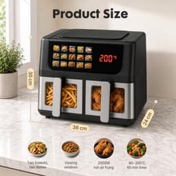 VHV-Dubbele airfryer met 2 manden en kijkvenster - 10L hetelucht friteuse - 38 x 24 x 30 cm - 2000W met zwevend touchscreen en 12 programma's - RVS en kunststof - Zwart — thumbnail 2