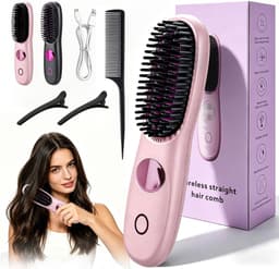 Draagbaar, draadloos, elektrisch, anti-verbranding, verwarmingsborstel met lcd-display, oplaadbaar, voor alle haartypes, geschikt voor reizen en thuis (roze) — thumbnail 1