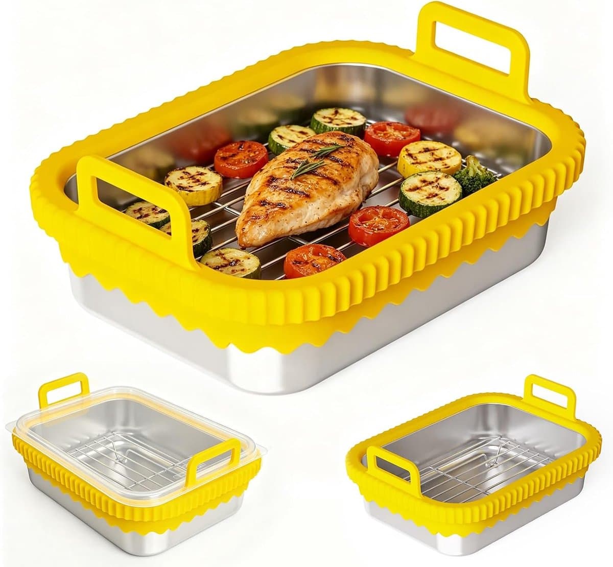 Airfryer voor COSORI heteluchtfriteuse 2 kamers/Ninja heteluchtfriteuse AF400EU/DZ400EU/AF451EU hittebestendig van roestvrij staal 304, krasbestendig, vaatwasmachinebestendig (geel, met — afbeelding 1
