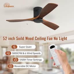 Plafondventilator zonder lamp – Stil – Met afstandsbediening – 6 snelheden – 132 cm massief houten bladen — thumbnail 2