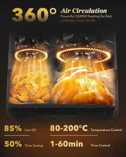 SnelShoppen - Airfryer XXL 11 liter, 2 kamers (4 + 7 l), 2600 W, 10-in-1 heteluchtfriteuse met touchscreen, dubbele kamer, schudherinnering, ideaal vo — thumbnail 3