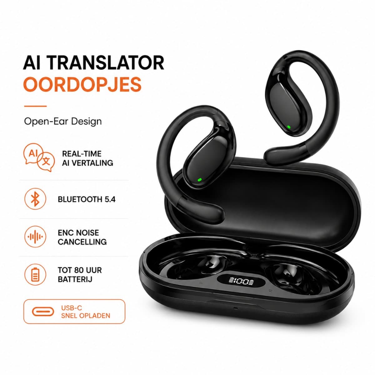 AirWave AI Translator Oordopjes - Open-Ear Bluetooth 5.4 Koptelefoon - Real-Time AI Vertaling via TransKit App - ENC Noise Cancelling - 80 Uur Batterij - USB-C – Zwart — afbeelding 1