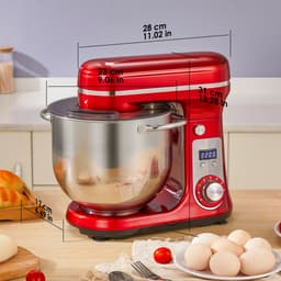 Keukenmachine 6L - 1200W - Staande Mixer - RVS Mengkom - 6 Snelheden + Pulse - LED Display - Inclusief Garde, Deeghaak & Platte Menghaak - Rood — thumbnail 1