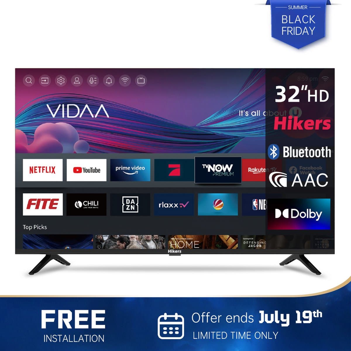 LED TV Hikers HD 32" (80 cm) Slimme TV VIDAA - DVB-T2/S2 - CI - 3xHDMI - 2xUSB - WiFi Bluetooth - Android 1 GB+8 GB - Zwart — afbeelding 1