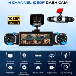 SnelShoppen - 4-kanaals dashcam auto 1080p met 360° rondom zicht, 4 verstelbare camera's, 3,16 inch display, IR-nachtzicht, bewegingsdetectie, loopopn — thumbnail 5