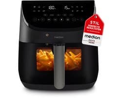 MEDION X20 XL Heteluchtfriteuse (6,6 L, 5 vleesprogramma’s met kerntemperatuursonde, stille DC-motor 1.700 W, 10 programma’s, PFAS-vrij, ILAG coating)