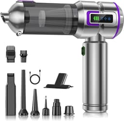 Wishdor Handstofzuiger auto 16000Pa - Draadloze kruimeldief met blaas- en zuigfunctie - Met 9 opzetstukken en LED display - Voor auto en thuis - Zilver paars - 21,4 x 4,8 x 20 cm — thumbnail 1