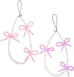 2 stuks kralen telefoonhangers met strikjes, universele esthetische delicate schattige parel strik kralen telefoon polsband voor tas camera oordopjes hoesjes decoratie (roze en paars) — thumbnail 1
