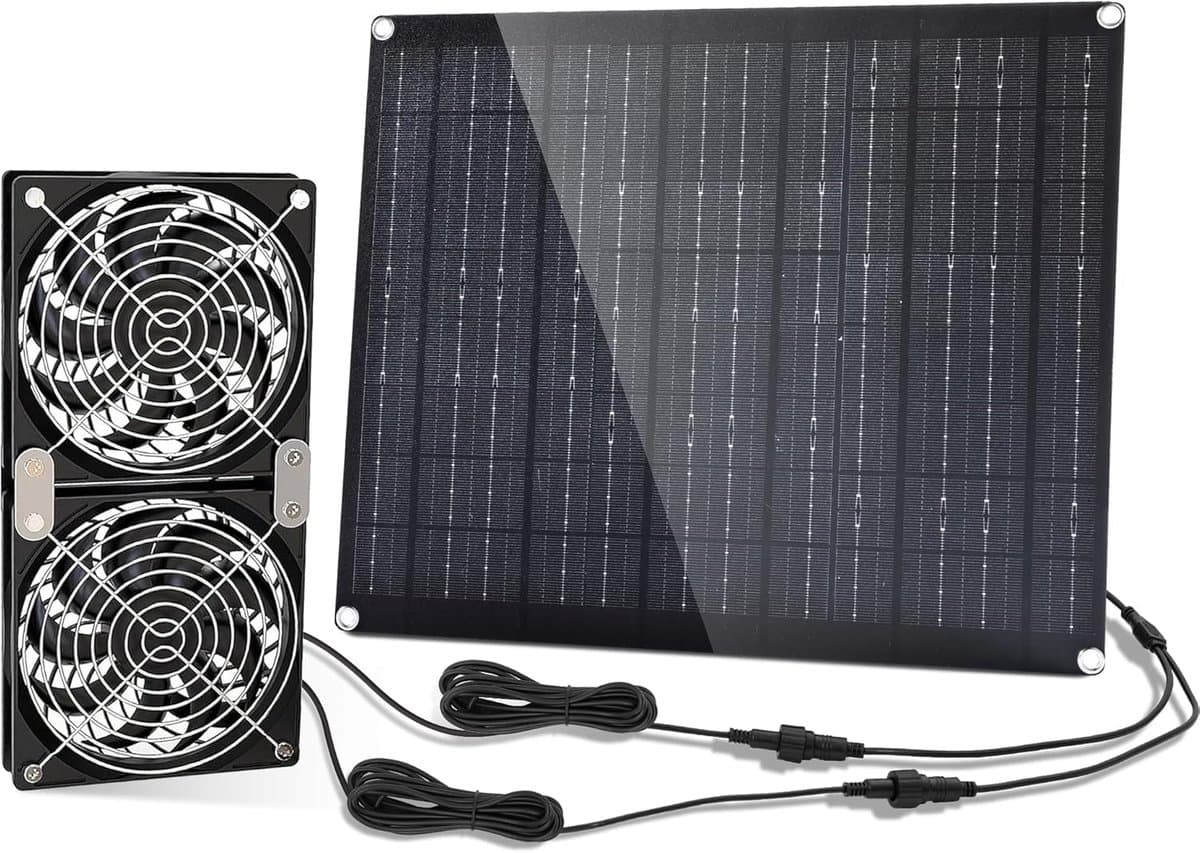 Zonneventilator Set - Zonnepaneel Ventilator - Luchtcirculatie Buiten - Dubbele IPX7 Waterdichte Ventilatoren - 30 Watt - Zwart — afbeelding 1