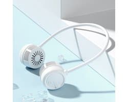 Nekventilator (knopmodel) - 64×64×48 mm - Slanglengte 42 cm - Flexibel en opvouwbaar - Handsfree ventilator zonder bladen - 3 windsnelheden - Stil en lichtgewicht - Geschikt voor reizen, sporten, kantoor en buitenactiviteiten - Wit