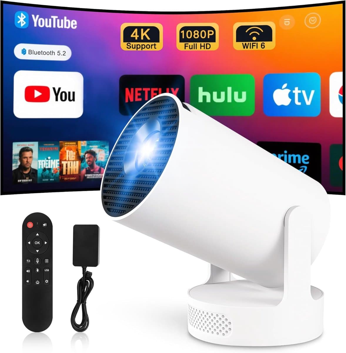 SnelShoppen - Mini Video Projector 4K Retro Projector met Android 11, WiFi 6, BT 5.4, HDMI voor Telefoon, PC, Laptop, Thuisbioscoop, Netflix Gecertifi — afbeelding 1
