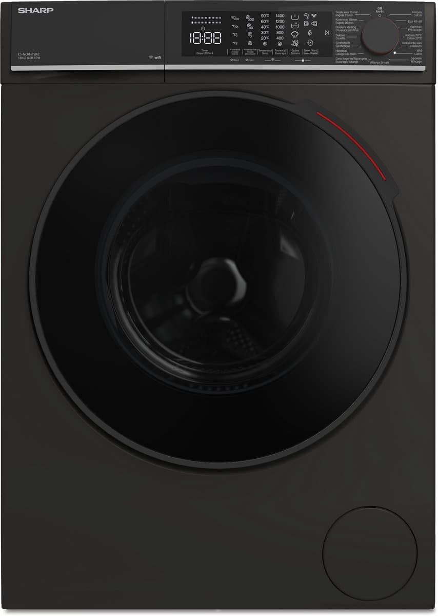 Sharp ESNL014CBA2BE - wasmachine - 10 kg - 1400 rpm - energie label A - WIFI - automatisch doseren - mat zwart — afbeelding 1