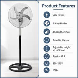 Bresht Ventilator - In hoogte verstelbaar - Stille werking - Automatische oscillatiefunctie - Zwart - 43 × 43 × 105-125 cm — thumbnail 3