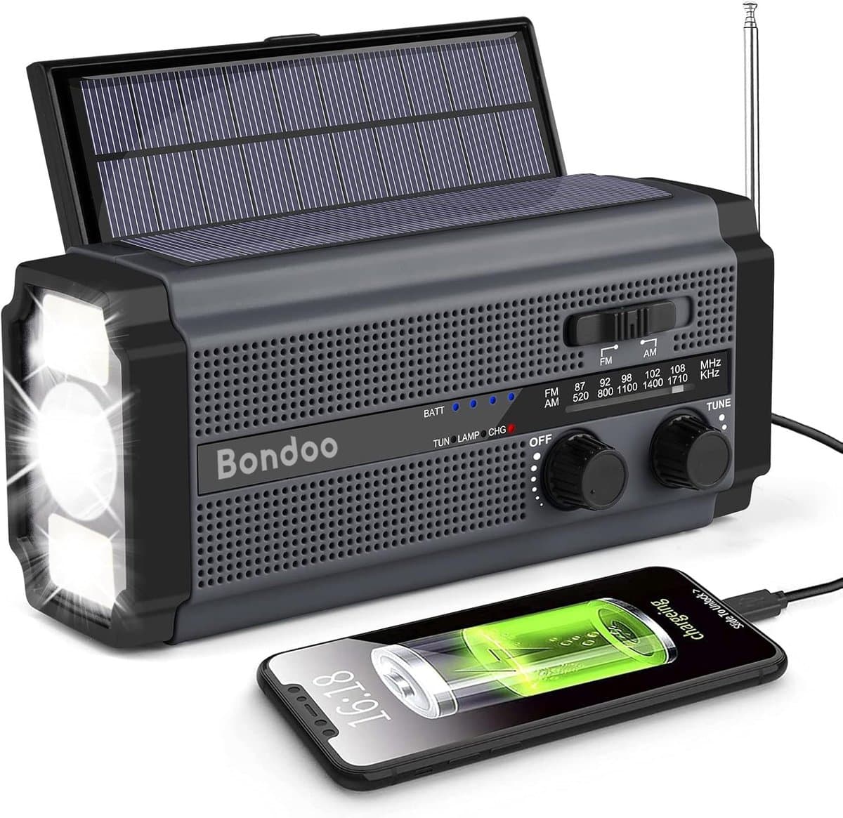Bondoo Noodradio 5000 mAh – Noodradio solar opwindbaar - Noodradio op batterijen - Noodradio opwindbaar en batterij - Radio noodpakket - Draagbare radio – Noodradio DAB+ - Powerbank zonneenergie - Zwart — afbeelding 1