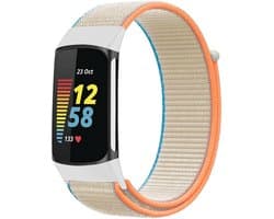 Nylon Smartwatch bandje - Geschikt voor Fitbit Charge 5 / Fitbit Charge 6 nylon bandje - beige - Strap-it Horlogeband / Polsband / Armband