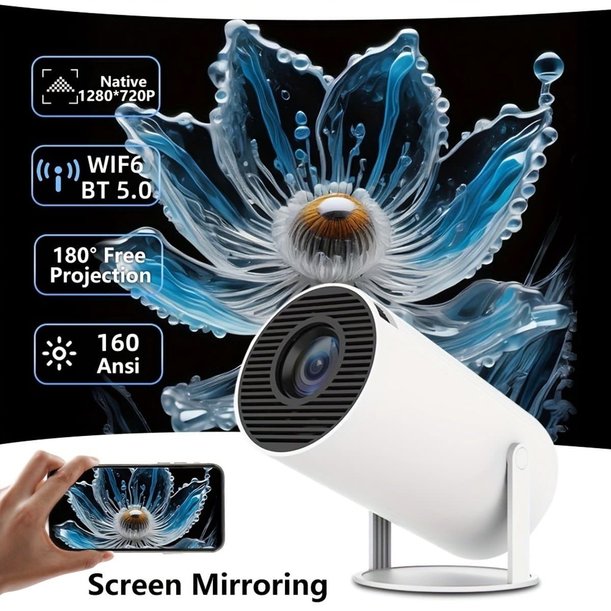 HY300 Slimme 4K Beamer | WiFi Schermspiegeling iOS/Android | 360° Surround Sound | Dual-Band WiFi & Bluetooth | HDMI, USB, Voor Thuisbioscoop — afbeelding 1