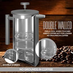 French Press Koffiezetapparaat 34 oz - 1000 ml (4 koffiemokken / 8 koffiekopjes) - Koffiezetapparaat met drievoudig roestvrijstalen filter en geïsoleerde wanden - Grijs — thumbnail 2