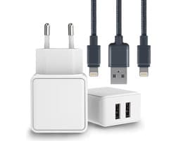 Duo USB Adapter + 2x Nylon 8-PIN naar USB Oplader Kabel - 2 Meter Lange - Geschikt voor iPhone, iPad met Lightning Poort - Dubbele USB Output - 12W Snellader - Extra Stevig