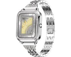 Knobbout Luxe 1,59" Dames Smartwatch met Kristallen – Bluetooth Bellen, AI Spraakassistent, 21 Sportmodi, Hartslag/Bloeddruk/SpO₂, IP67 Waterdicht, Slaapmonitoring, Berichtmeldingen, Muziek & Camerabediening – 210mAh-Zilver stalen band