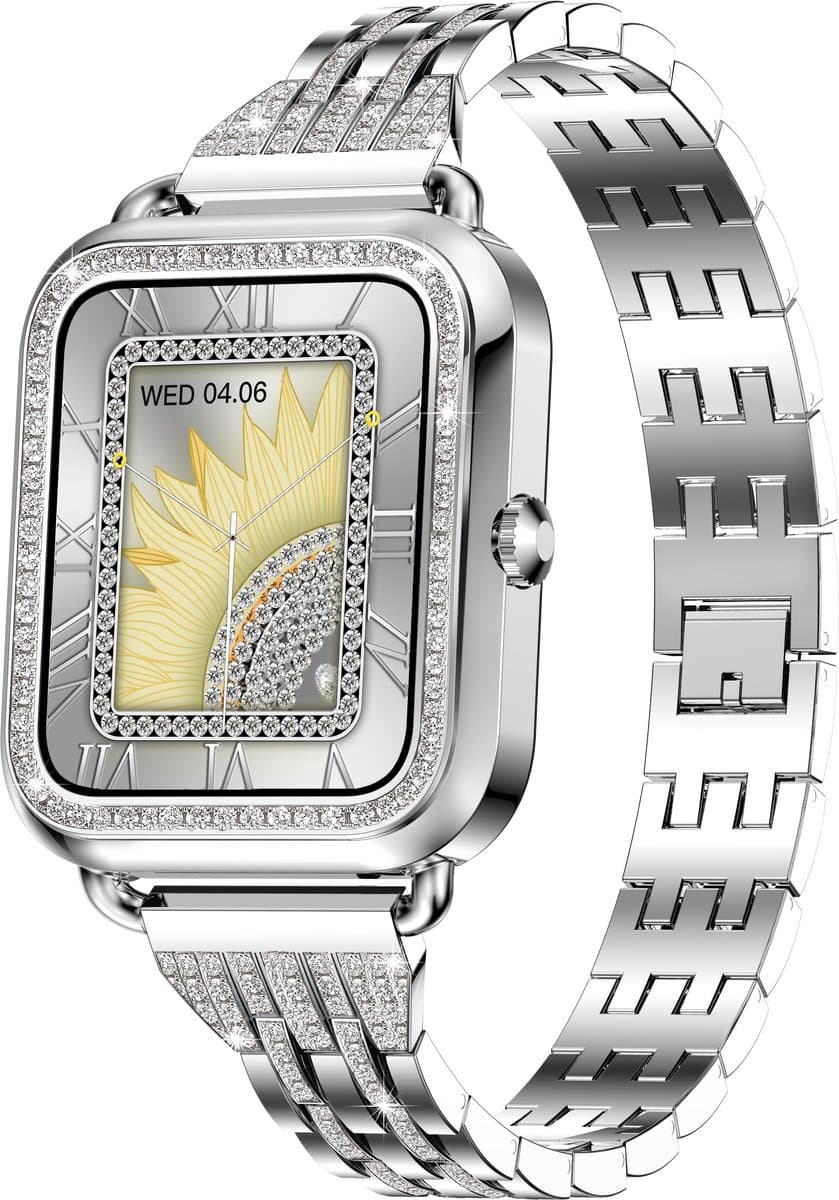 Knobbout Luxe 1,59" Scherm Dames Smartwatch met Kristallen – Bluetooth Bellen, AI Spraakassistent, 21 Sportmodi, Hartslag/Bloeddruk/SpO₂, IP67 Waterdicht, Slaapmonitoring, Berichtmeldingen, Muziek & Camerabediening – 210mAh-Zilver stalen band — afbeelding 1