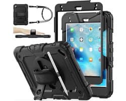 Drielaags Hybride Hoesje voor iPad Mini 5e/4e Generatie met 360° Draaibare Standaard en Handriem - Zwart