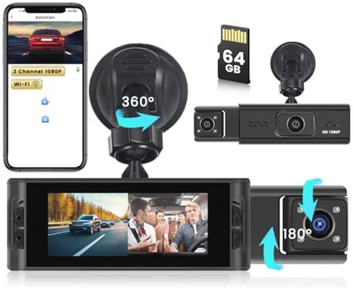 Draadloze WiFi Dashcam met 64 GB SD-kaart - FHD 1080P Auto Camera met Bewegingsdetectie en Loop-opname — afbeelding 1