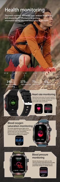 Knobbout Outdoor Smartwatch 2.01”(3.4*4cm) Extra Groot Scherm – Militair Standaard Schok & Krasbestendig - Zaklamp + SOS - Kompas & Hoogtemeter - GezondheidsmonitorBluetooth Bellen -AI Spraakassistent- 600mAh -IP68 -wart staal+ siliconen band - Groen — thumbnail 2
