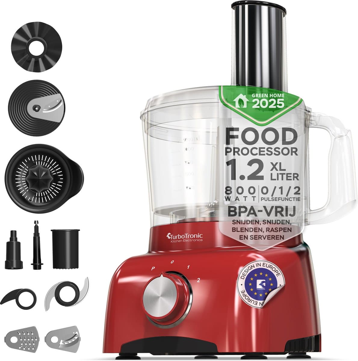 TurboTronic TT-FP800 Food Processor - 800W - 1.2 L - Rood — afbeelding 1