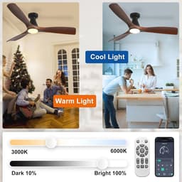 Depuley 52 inch plafondventilatoren met verlichting: walnoot 3-bladige inbouwventilator met laag profiel voor slaapkamer - dimbare buitenstille DC-motorventilator met afstandsbediening — thumbnail 4