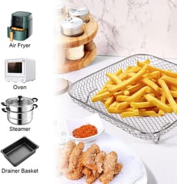 RVS airfryerrek - 20,4 cm koven voor heteluchtfriteuse - vierkant airfryer-rooster - stapelbaar rek voor heteluchtfriteuses met een inhoud van meer dan 5,5 l en accessoires — thumbnail 5