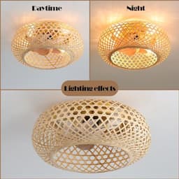 Bamboe Lampenkap Plafondventilator met Verlichting en Afstandsbediening - Stil Plafondlicht met 6 Snelheden en Omkeerbare Rotatie - Rieten Hanglamp voor Slaapkamer, Woonkamer en Keuken — thumbnail 3