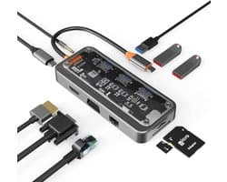 Docking station, 10 in 1 USB C dual monitor docking station met HDMI 4K en vga-interface, 3,5 mm audio-interface, 100 watt PD oplaadfunctie, multi-poort ethernet adapter geschikt voor Windows MacBook Air Pro, dell, hp, 1 set, grijs