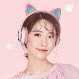 Roze en witte kinderkoptelefoon - draadloze over-ear koptelefoon - kinderkoptelefoon - in-ear Bluetooth-microfoon - kattenoortjes - met licht - roze — thumbnail 2