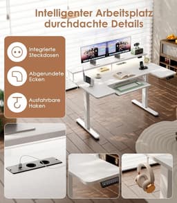 Elektrisch verstelbaar U-vormig bureau 120x74 cm, sta-zittafel met monitorstandaard, USB-poorten en stopcontacten, RGB LED-verlichting, ergonomisch kantoor- en gamingbureau – HomeByNicole — thumbnail 2