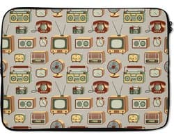 Laptophoes 14 inch - Radio - Telefoon - Retro - Patroon - Laptop sleeve - Binnenmaat 33x23 cm - Zwarte achterkant