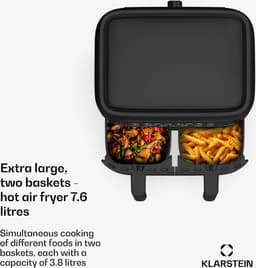 Klarstein heteluchtfriteuse, airfryer met 2 kamers, 2850 W compacte heteluchtfriteuse, 7,6 L luchtfriteuse met touch bediening, timer, voorverwarmen, 6 modi, grote heteluchtfriteuse, air fryer XL — thumbnail 5