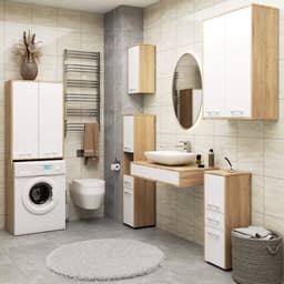 Badkamerkast voor Wasmachine FIN / Hoge Wasmachinekast met 2 Deuren / AKORD Furniture Factory / Sonoma Eik - Wit / 64 x 180 x 30 cm — thumbnail 5