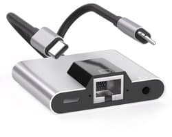 3 IN 1 8-Pin + USB-C naar Ethernet (RJ45) + 8-Pin + 3.5MM Jack AUX audio adapter kabel hub - internet adaper geschikt voor o.a. iPhone en laptop - grijs