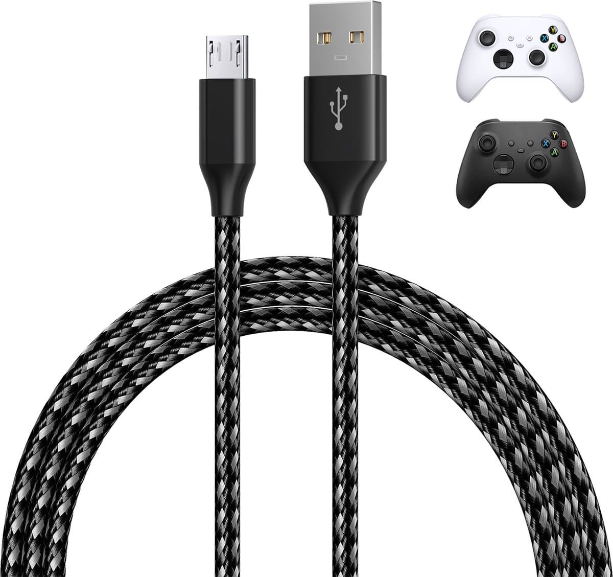 Micro-USB Kabel voor Xbox 2m Nylon Gevlochten USB-A naar Micro-B [2 Pack] van MMOBIEL – Micro USB Oplaadkabel voor Xbox Controllers 18W 480Mbps – Micro Oplaadkabel - Gaming Accessoires – Wit / Zwart — afbeelding 1