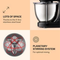 Klarstein Keukenmachine Bella Knetmaschine met 6 Geschwindigkeitsstufen, roermachine uit rvs, Pulsfunktion, planetarischen roersysteem, 3 Rühraufsätze, 1200 W vermogen, zwart - Keukenmachine - 4L - voor Keuken - LED Garde — thumbnail 3
