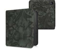 kwmobile e-reader hoesje geschikt voor Kobo Libra 2 hoes - E reader flip case met magnetische sluiting - Ereader cover - Bloemen in reliëf design in groen