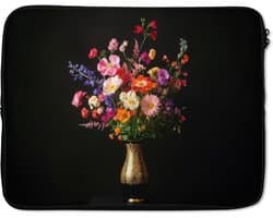 Laptophoes 17 inch - Kleurrijk - Boeket - Vaas - Goud - Laptop sleeve - Binnenmaat 41x28 cm - Zwarte achterkant