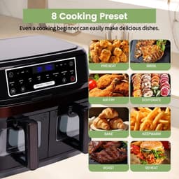 Heteluchtfriteuse 10L – Airfryer - Dubbele Lades – 2000W - 240V - Touchscreen – 8 Automatische Programma's – Kijkvenster - Zwart — thumbnail 6
