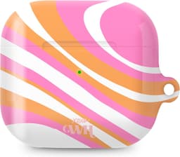 xoxo Wildhearts hoesje geschikt voor AirPods 4 - Chasing Sunsets - Ook als telefoonhoesje verkrijgbaar - schokbestendige case - koptelefoonhoesje - Glimmende afwerking - Beschermhoes met golvende print - golven - Beige - Oranje - Roze — thumbnail 1