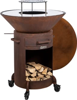 WELDED BARREL 800 Barbecue Vuurschaal - bbq cortenstaal - houtgestookt - standaard met wielen, aslade, stookrooster - regelbare luchttoevoer onder in vuurschaal waardoor veel minder last van rook — thumbnail 1